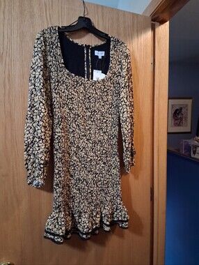 Lost + Wander  smocked dress, bohemian, Medium, Long Sleeve Ruffle Hem